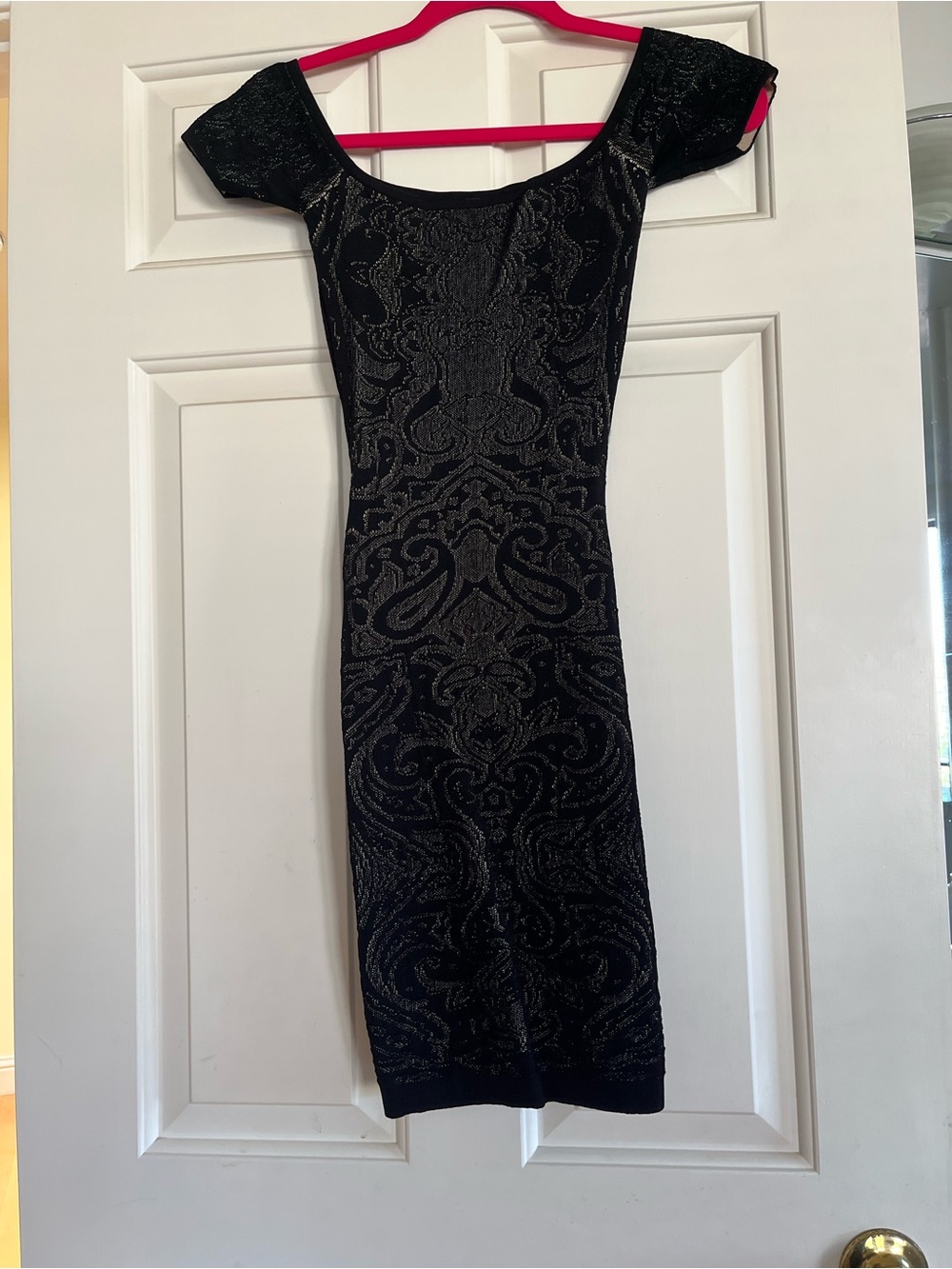Guess Jet Black/Nude Embroidered Pattern Off-Shoulder Dress